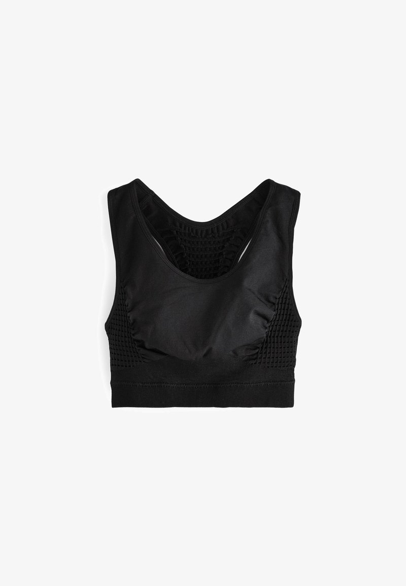 Brassière de sport noire en tissu lisse avec un dos en maille texturée. Elle dispose d'une large bande et d'un décolleté en V profond pour un ajustement structuré.