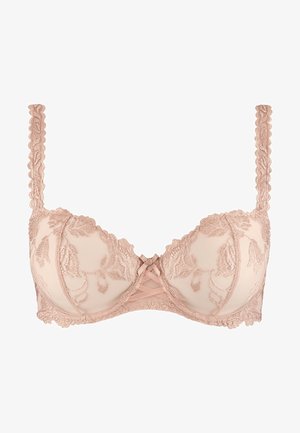 Soutien-gorge en dentelle et tulle avec armatures, couleur nude douce, doté de bords festonnés, de broderies florales et d'un détail de lien croisé au centre. Bretelles ajustables.
