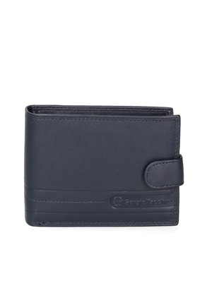 Dark blue leather wallet with a textured finish, featuring a secure snap closure and embossed logo on the front. Compact rectangular shape.