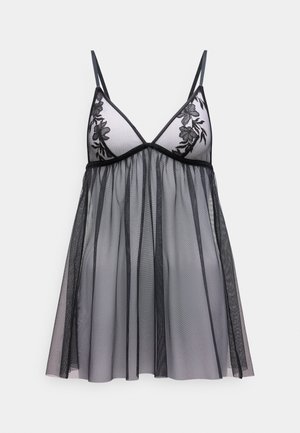 Schwarzes Netz-Nachthemd mit verstellbaren Trägern, das mit gestickten Blumenmotiven auf einem transparenten Oberteil und einem fließenden Rock ausgestattet ist.