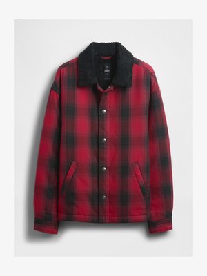 Red and black plaid jacket with a black faux fur collar, snap buttons, and side pockets. Material appears sturdy with a textured finish.