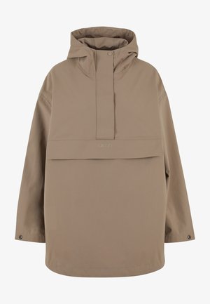 Beige hættetrøjejakke med frontlomme med klap, trykknaplukning ved halsen og trykknapper på manchetterne.