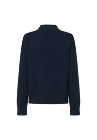 Marineblauwe gebreide trui met ruitpatronen, een geribde kraag en manchet. Heeft lange mouwen en een iets losse pasvorm aan de achterkant.