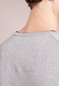 Grauer Pullover mit runder Halslinie, Raglanärmeln und einem kleinen Patchdetail am Hinteren Hals. Weiche Textur und leichtes Material.