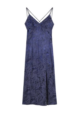 Maxi dress in a deep blue fabric with a textured, abstract pattern. Features thin adjustable straps and a side slit for movement.