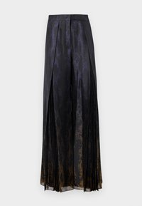 Zwarte geplooide rok met slangenveldesspatroon, glanzende stof en een verloop naar goud aan de zoom.