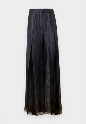 Sort plisseret nederdel med slangeprint, glansfuldt stof og en gradient-effekt, der går over i guld ved kanten.