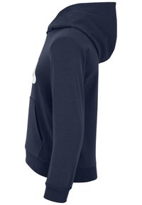 Felpa con cappuccio blu navy, dotata di tasca a marsupio, polsini e orlo a coste, con una superficie liscia e un grande logo bianco sulla parte anteriore.