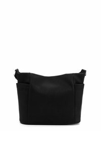Schwarze Stoff-Schultertasche mit gerippter Textur, zwei Seitentaschen und einem verstellbaren Tragegurt für einfaches Tragen. Keine sichtbaren Hardware-Elemente.