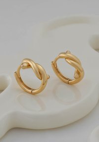 Orecchini a cerchio in tonalità oro presentano un design intrecciato con superfici lisce e lucide e una chiusura a scatto. Esibiti su una superficie lucida.
