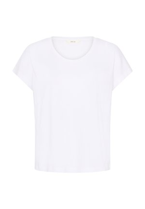 Witte dames-T-shirt met korte mouwen, ronde hals, rechte zoom en gladde stof, afgebeeld tegen een effen witte achtergrond.