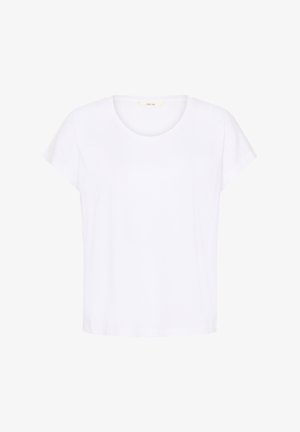 Tricou alb de damă cu mâneci scurte și guler rotund, cu tiv drept și material neted, prezentat pe un fundal alb simplu.