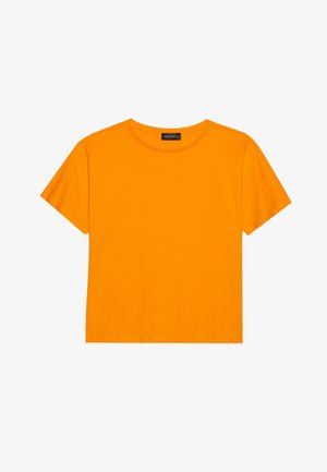 Short-sleeve, round-neck t-shirt in bright orange cotton. Simple design, smooth texture, and straight cut with no patterns or accents.