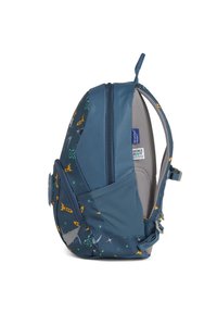 Dark blue backpack with space-themed patterns in yellow, green, and white. Features a side mesh pocket and dual zippers. Textured fabric.