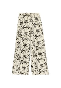 Brede broek in crèmekleurige stof met zwart bloemenpatroon. Voorzien van een trekkoord in de taille en een zachte textuur, ontworpen voor comfort.