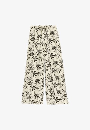 Pantalon large en tissu crème avec motif floral noir. Dispose d'une taille à cordon de serrage et d'une texture lisse, conçu pour le confort.