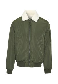 Olivgrüne Bomberjacke mit einem weichen weißen Pelzkragen, Reißverschluss, Seitentaschen und gerippten Bündchen und Saum. Glatte Stoffstruktur.
