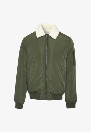 Olijfgroene bomberjack met een zachte witte bontkraag, ritssluiting, zijzakken en ribgebreide manchetten en zoom. Een soepele stoftextuur.