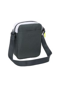 Borsa a tracolla compatta di colore grigio scuro con spallaccio largo e regolabile, compartimento superiore con zip bianca e piccola tasca frontale con tirazip giallo.