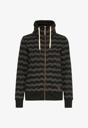 Sudadera con cremallera negra y cuello alto, con un patrón ondulado blanco y cordones beige. Incluye bolsillos laterales y puños acanalados.