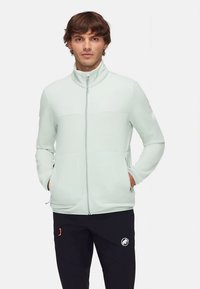 Giacca in pile verde chiaro con colletto alto, zip frontale, due tasche e dettaglio del logo sulla manica; abbinata a pantaloni neri.