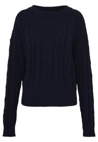 Tummansininen palmikkoneulepusero, jossa pyöreä pääntie, leveät hihat ja resorireuna. Pehmeä rakenne ja rento malli, jossa on monimutkaiset kuviot.