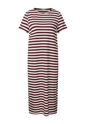 Abito a righe con maniche corte, caratterizzato da righe orizzontali alternate in un profondo bordeaux e bianco, realizzato in un morbido e leggero tessuto.