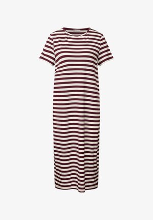 Abito a righe con maniche corte, caratterizzato da righe orizzontali alternate in un profondo bordeaux e bianco, realizzato in un morbido e leggero tessuto.