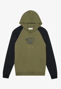 Hoodie vert l olive avec des manches raglan noires, poche kangourou et graphique NYC 1990. Il dispose d'une capuche avec cordon de serrage et de poignets côtelés.
