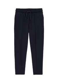 Tumši zilas sporta bikses, kas izgatavotas no mīksta materiāla, ar elastīgu jostu un auklu, slīpām kabatām un sašaurinātiem zolei.