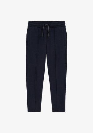 Marineblauwe joggingsbroeken van zachte stof, met een elastische tailleband en een trekkoord, schuine zakken en taps toelopende benen.