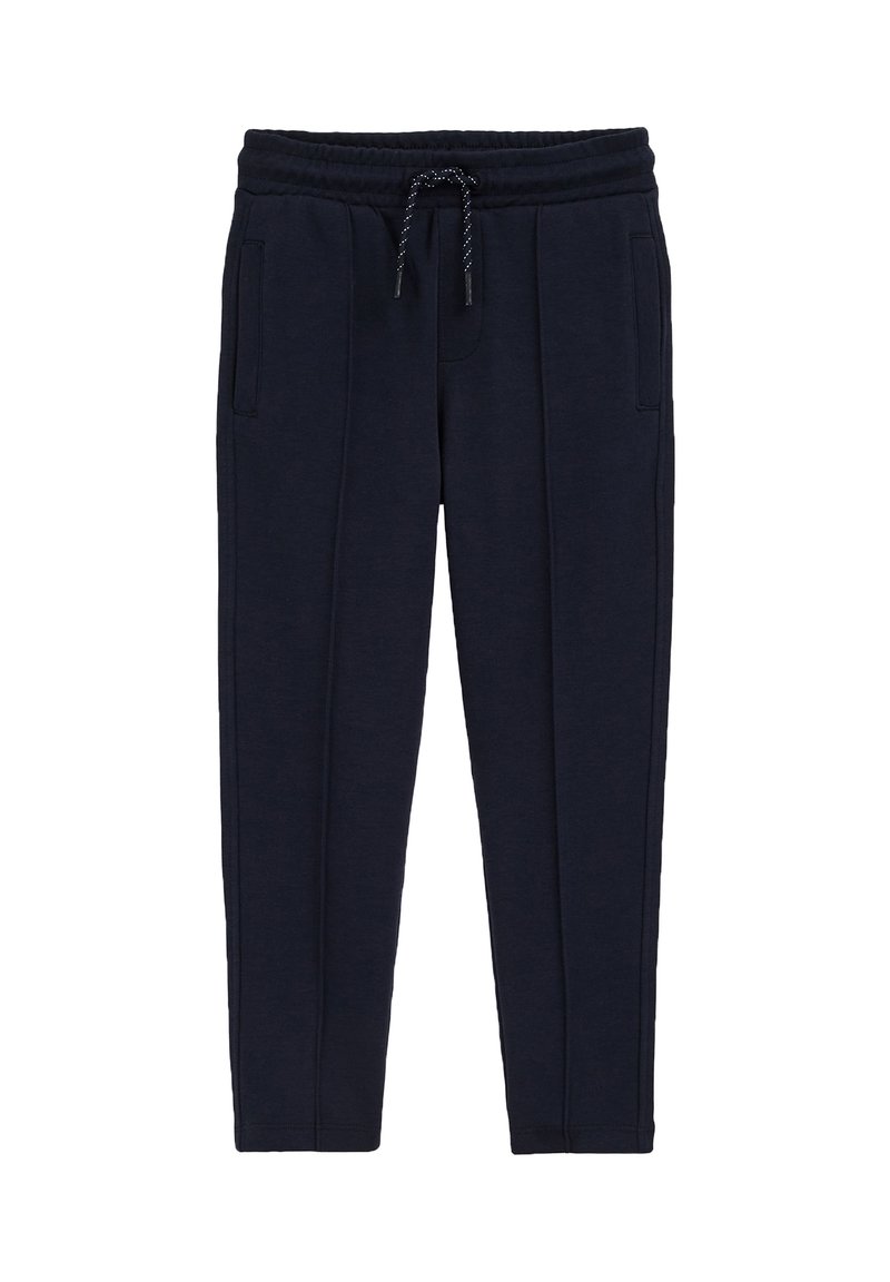 Tumši zilas sporta bikses, kas izgatavotas no mīksta materiāla, ar elastīgu jostu un auklu, slīpām kabatām un sašaurinātiem zolei.