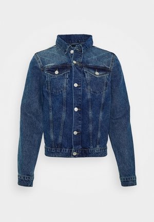 Dunkelblaue Jeansjacke mit langen Ärmeln, Knopfverschluss, zwei Brusttaschen mit Klappen und spitzem Kragen.
