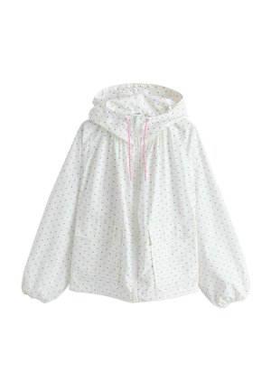 Weißer Kapuzenpullover mit schwarzen Punkten, vorderem Reißverschluss, rosa Kordelzügen, elastischen Bündchen und zwei Fronttaschen.