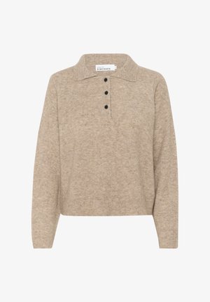 Pullover beige lavorato a maglia con colletto a polo, dotato di una patta con bottoni neri e polsini e orlo a coste. Tessuto morbido.