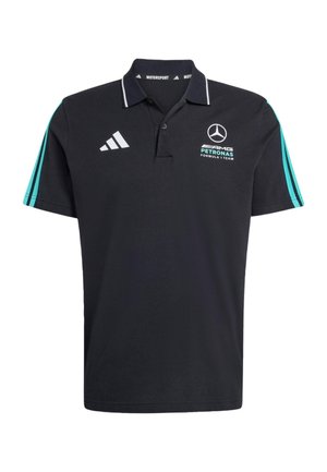 Musta pikeepaita, jossa on kaulus, valkoiset korostukset, turkoosit raidat hihoissa sekä Mercedes AMG Petronas- ja Adidas-logot. Materiaalina puuvilla.