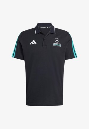 Black polo shirt with a collar, white accents, teal stripes on sleeves, and logos for Mercedes AMG Petronas and Adidas. Cotton material.