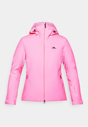 Pinkfarbene Winterjacke mit Reißverschluss vorne, verstellbarem Kapuze und Seitentaschen. Mit schwarzem Logo und Details an den Ärmeln. Glattes, wasserdichtes Material.