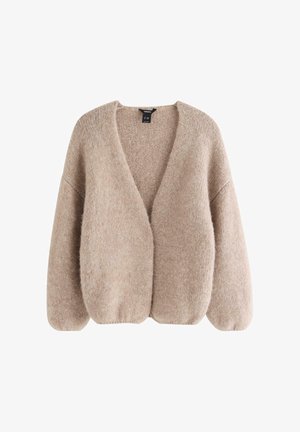 Beige chunky strikket cardigan med ballonærmer, åben front og ribbet kant fra Lindex.