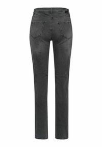 Gray denim jeans featuring a straight leg design, two back pockets, and a standard waistband with a tag visible at the back.