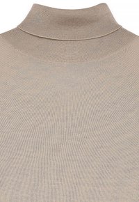 Beige turtleneck-paita, jossa on ribattu pinta, korkea kaulus ja tiukka malli. Kangas vaikuttaa kevyeltä ja sileältä.