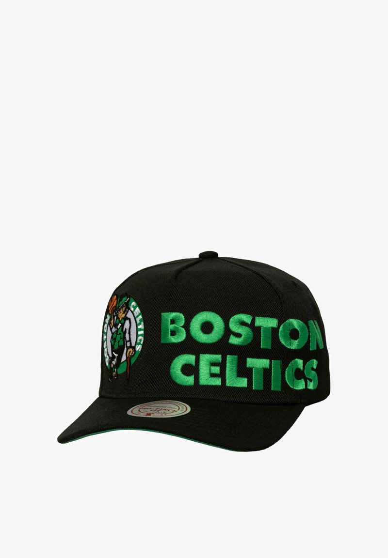 Black baseball cap featuring green embroidered "BOSTON CELTICS" text and a graphic of a leprechaun. Curved visor and adjustable back.