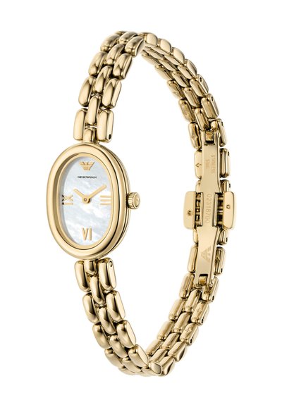 Goldfarbene Edelstahl-Ovaluhr mit Zifferblatt aus Perlmutt, römischen Ziffern und einem flexiblen Gliederarmband-Design.