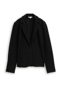 Blazer nero testurizzato con due bottoni, colletto a risvolto e maniche lunghe, esposto piatto su uno sfondo bianco.