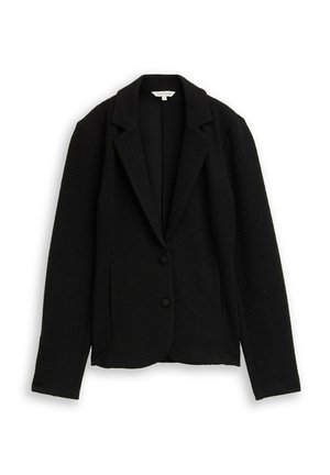 Schwarzer strukturierter Blazer mit zwei Knöpfen, Reverskragen und langen Ärmeln, flach auf einem weißen Hintergrund präsentiert.