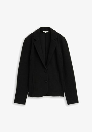 Black textured blazer with two buttons, notch lapel collar, and long sleeves, displayed flat on a white background.