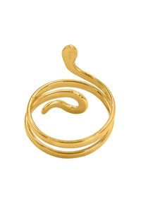 Anello in metallo color oro a forma di serpente attorcigliato, con una finitura liscia e lucida e una coda curva. Presenta due fasce intrecciate.
