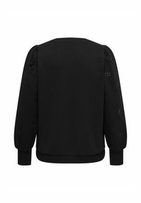 Črna pulover s puloverjem z zaobljenim izrezom, napihnjenimi rokavi in cvetličnimi detajli z očesci. Mehka tkanina in elastični robovi na koncu.