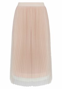 Falda midi plisada de color rosa claro con detalles brillantes y una cinturilla sólida sobre un fondo blanco.