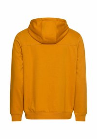 Hoodie à manches longues jaune moutarde avec des poignets et un ourlet côtelés, présenté de dos sur fond blanc.